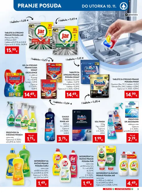 Spar katalog — stranica 3: Somat Gel za strojno pranje suđa Somat Excellence, Jar Deterdžent za ručno pranje posuđa Jar razne vrste, Somat Tablete za strojno pranje posuđa Somat Excellence 5u1, 54/1, Finish Sjajilo Finish Rinse Aid (vrijedi 21.10.–10.11.2026.)