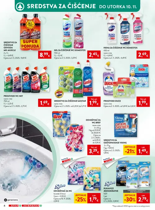 Spar katalog — stranica 4: Domestos PJENA ZA ČIŠĆENJE WC DOMESTOS, WC Net PROIZVODI WC NET, Splend RUKAVICE JEDNOKRATNE, Domestos GEL ZA ČIŠĆENJE WC DOMESTOS (vrijedi 21.10.–10.11.2026.)