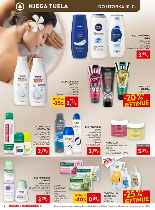 Spar katalog — stranica 8: PALMOLIVE SAPUN, LACTOVIT GEL ZA TUŠIRANJE, ZIAJA PILING, BEAUTY KISS TEKUĆI SAPUNI (vrijedi 21.10.–10.11.2026.)