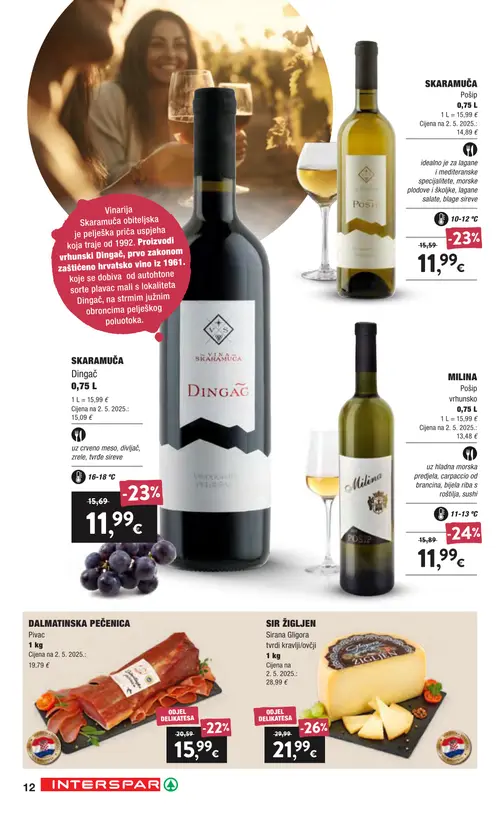 Spar katalog — stranica 12: Sir Žgljen, MILINA Pošip vrhunsko, SKARAMUČA Dingač, SKARAMUČA Pošip (vrijedi 16. 09. 2026.–22. 09. 2026.)