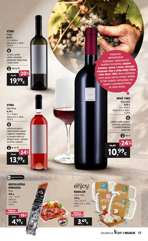 Spar katalog — stranica 13: BRAČ 1903 Bogondon, STINA Opol Rose, STINA Pošip, NOSTALGIČNA KOBASICA Pivac (vrijedi 16. 09. 2026.–22. 09. 2026.)