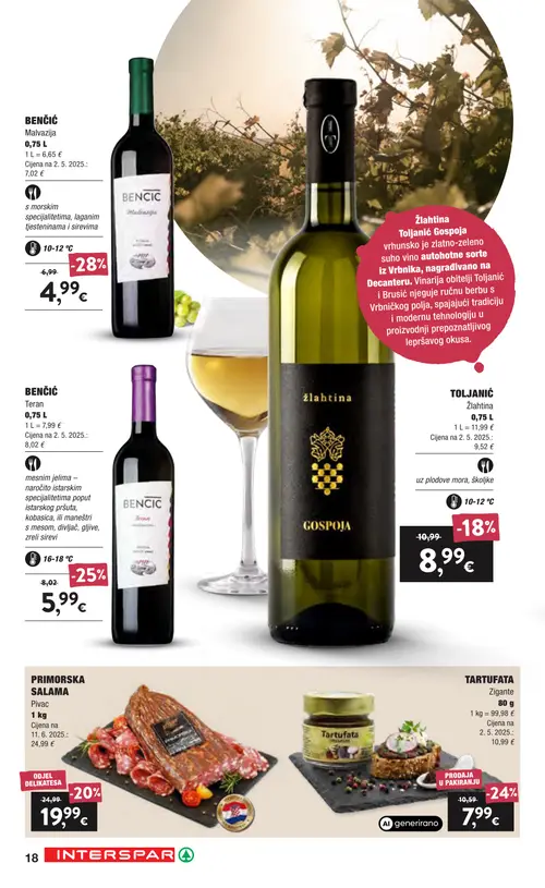 Spar katalog — stranica 18: BENČIĆ Malvazija, BENČIĆ Teran, TARTUFATA Gigante, PRIMORSKA SALAMA Pivac (vrijedi 16. 09. 2026.–22. 09. 2026.)