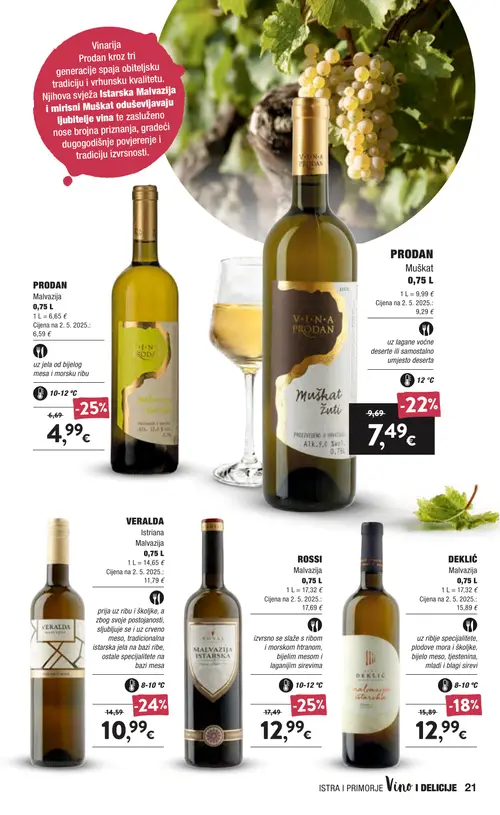 Spar katalog — stranica 21: ROSSI Malvazija, PRODAN Malvazija, VERALDA Malvazija Istriana, PRODAN Muškat (vrijedi 16. 09. 2026.–22. 09. 2026.)