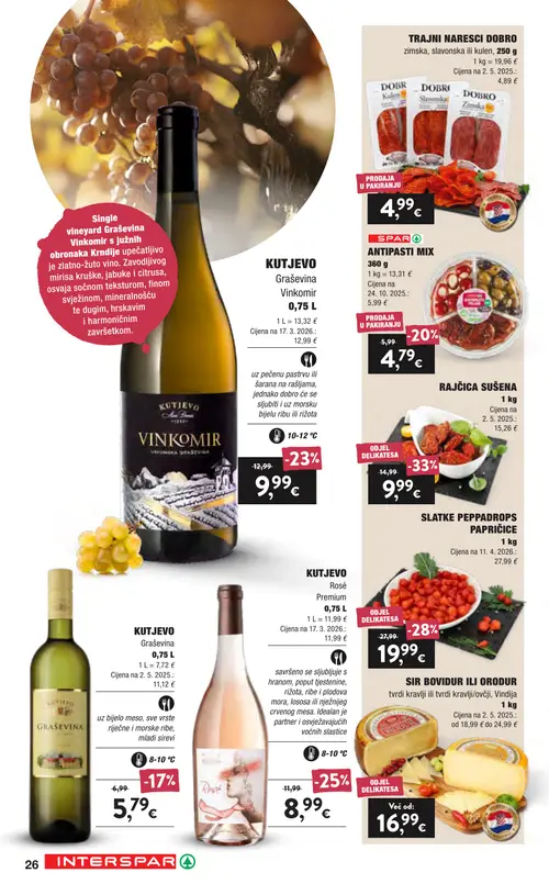 Spar katalog — stranica 26: SLATKE PEPPADROPS PAPRIČICE, KUTJEVO ROSÉ Premium, KUTJEVO Graševina Vinkomir, SPAR ANTIPASTI MIX (vrijedi 16. 09. 2026.–22. 09. 2026.)
