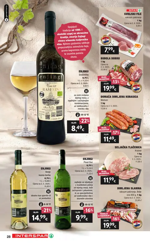 Spar katalog — stranica 28: ENJINGI Venje kasna berba, ENJINGI Venje kasna berba, Krainer SELJAČKA HLAČENICA, DIMLJENA SLANINA (vrijedi 16. 09. 2026.–22. 09. 2026.)