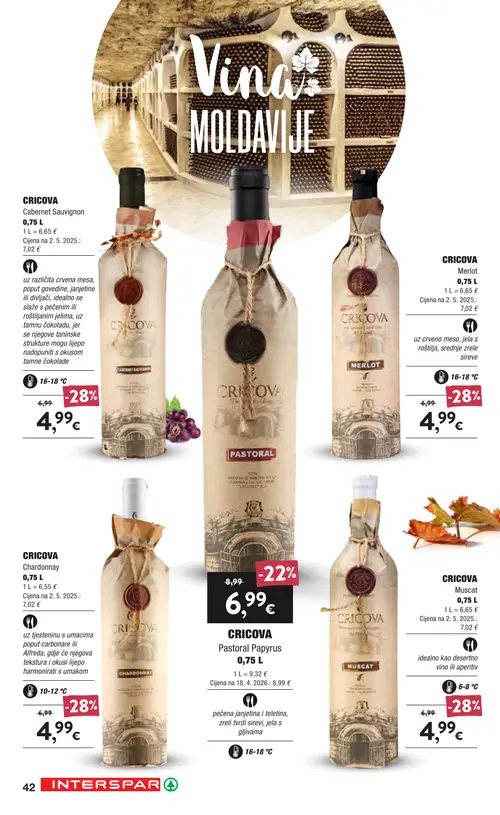 Spar katalog — stranica 42: CRICOVA Muscat, CRICOVA Cabernet Sauvignon, CRICOVA Merlot, CRICOVA Chardonnay (vrijedi 16. 09. 2026.–22. 09. 2026.)