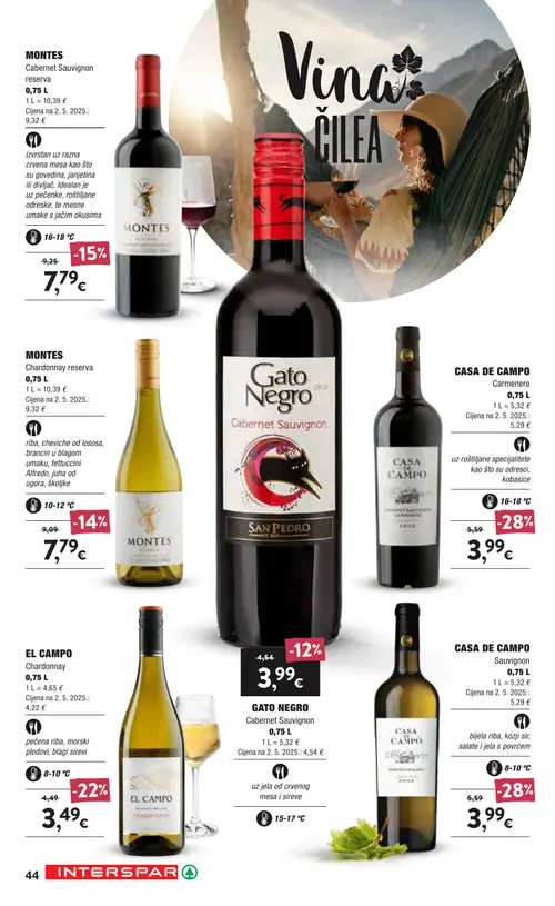 Spar katalog — stranica 44: CASA DE CAMPO Carmenere, EL CAMPO Chardonnay, MONTES Cabernet Sauvignon reserva (vrijedi 16. 09. 2026.–22. 09. 2026.)