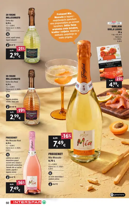 Spar katalog — stranica 50: SPAR PREMIUM DIMLJENI DIVLJI LOSOS, 20 RIGHE MILLESIMATO Extra dry, 20 RIGHE MILLESIMATO Extra Dry Rosé, FREIXENET Mia Moscato Rosé (vrijedi 16. 09. 2026.–22. 09. 2026.)
