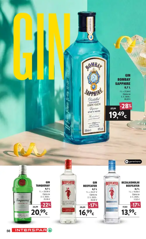 Spar katalog — stranica 56: Bombay Sapphire GIN BOMBAY SAPPHIRE, Tanqueray GIN TANQUERAY, Beefeater BEZALKOHOLNI GIN BEEFEATER, Beefeater GIN BEEFEATER (vrijedi 16. 09. 2026.–22. 09. 2026.)