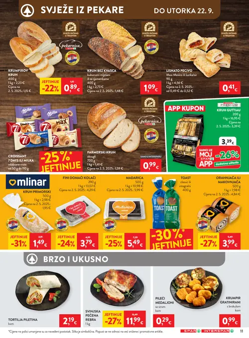 Spar katalog — stranica 13: omlinar KRUH PRIMORSKI, SVINJSKA PEČENA REBRA, omlinar ORAHNJAČA ILI MAKOVNJACA, Pekarnica KRUMPIROV KRUH (vrijedi 16. 09. 2026.–22. 09. 2026.)