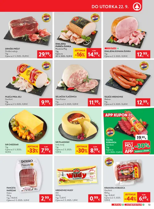 Spar katalog — stranica 15: Gavrilo KRANJSKA KOBASICA, SIR CHEDDAR, SIR PLANINSKI, DIMLJENA PUREĆA ŠUNKA (vrijedi 16. 09. 2026.–22. 09. 2026.)