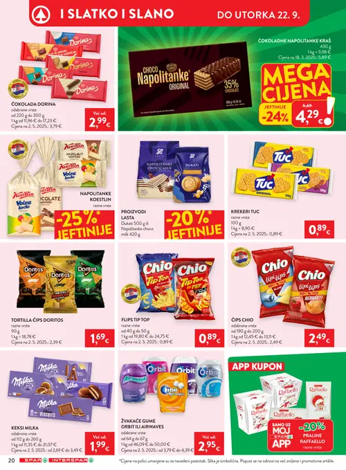 Spar katalog — stranica 28: Doritos TORTILLA ČIPS DORITOS, Milka KEKSI MILKA, Kraš ČOKOLADNE NAPOLITANKE KRAŠ, Orbit / Airwaves ŽVAKAĆE GUME ORBIT ILI AIRWAVES (vrijedi 16. 09. 2026.–22. 09. 2026.)