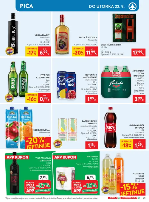 Spar katalog — stranica 29: RAKIJA ŠLJIVOVICA Manastirska, SKY COLA GAZIRANO PIĆE SKY COLA, VODKA BLACKY šumsko voće, PAN Pivo PAN ili Zlatni Pan (vrijedi 16. 09. 2026.–22. 09. 2026.)