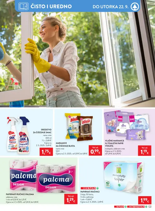 Spar katalog — stranica 33: SMAC sredstvo za čišćenje, blista MARAMICE ZA ČIŠĆENJE BLISTA, double care VLAŽNE MARAMICE ILI TOALETNI PAPIR VIOLETA, paloma PAPIRNATI RUČNICI PALOMA (vrijedi 16. 09. 2026.–22. 09. 2026.)