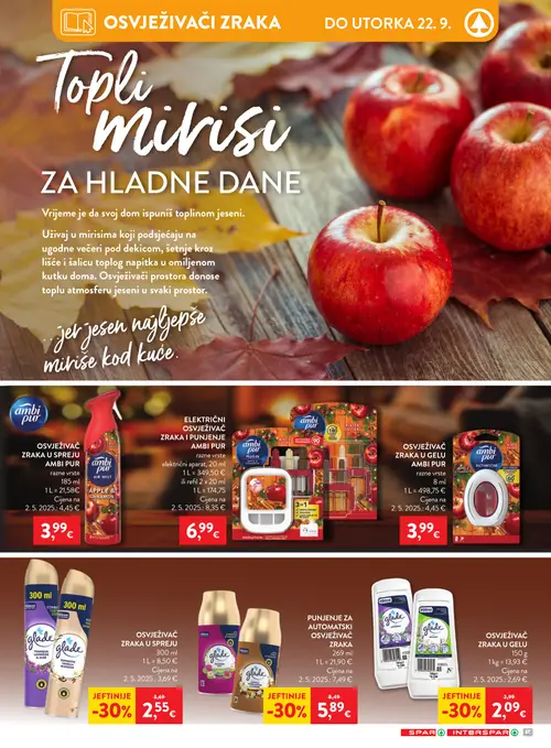 Spar katalog — stranica 36: Glade OSVJEŽIVAČ ZRAKA U SPREJU GLADE, Glade PUNJENJE ZA AUTOMATSKI OSVJEŽIVAČ ZRAKA GLADE, Glade OSVJEŽIVAČ ZRAKA U GELU GLADE, Ambi Pur OSVJEŽIVAČ ZRAKA U SPREJU AMBI PUR APPLE & CINNAMON (vrijedi 16. 09. 2026.–22. 09. 2026.)