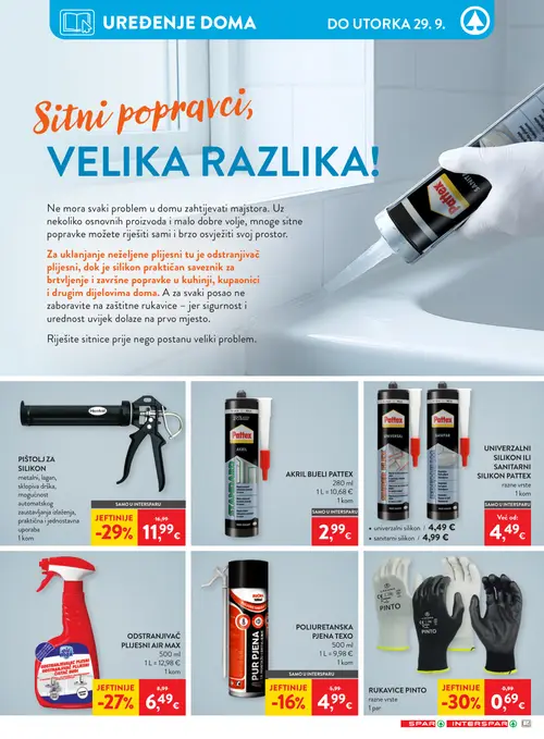 Spar katalog — stranica 43: LAGUNA PINTO RUKAVICE, Henkel PIŠTOLJ ZA SILIKON, AIR MAX ODSTRANJIVAČ PLIJESNI AIR MAX, TEXO POLIURETANSKA PJENA (vrijedi 16. 09. 2026.–22. 09. 2026.)