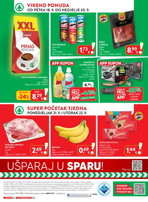 Spar katalog — stranica 44: BANANA, ČIPS PRINGLES razne vrste, SVINJSKA LOPATICA BEZ Kosti, MIJUKIĆ PRŠUT NARE potongan (vrijedi 16. 09. 2026.–22. 09. 2026.)