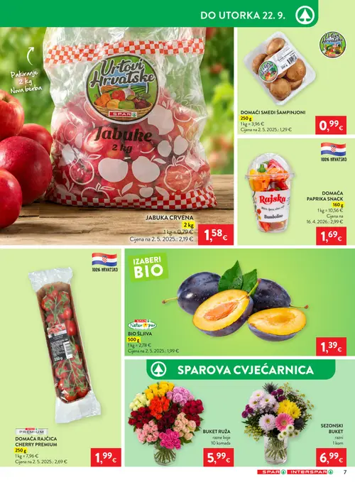Spar katalog — stranica 7: Rajska DOMAĆA PAPRIKA SNACK, Natur pur BIO ŠLJIVA, JABUKA CRVENA, SPAR PREMIUM DOMAĆA RAJČICA CHERRY PREMIUM (vrijedi 16. 09. 2026.–22. 09. 2026.)