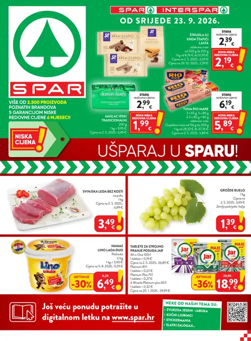 Spar katalog — stranica 1: MASLAC IRSKI TRADICIONALNI, Jar TABLETE ZA STROJNO PRANJE POSUĐA JAR, Podravka NAMAZ LINO LADA DUO, LASTA ŠTRUDLA ILI KREM ŠTAPIĆI (vrijedi 23. 09. 2026.–29. 09. 2026.)