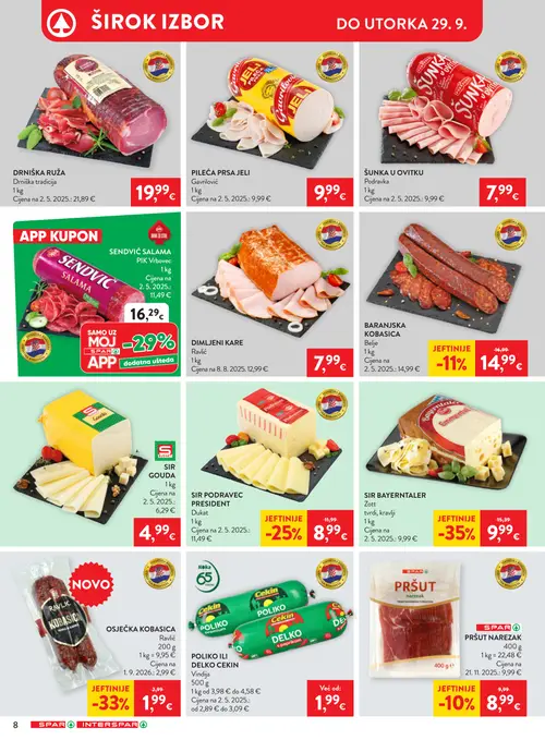 Spar katalog — stranica 14: Zott SIR BAYERNTALER, Ravlić OSJEČKA KOBASICA, Dukat SIR PODRAVEC PRESIDENT, Belje BARANJSKA KOBASICA (vrijedi 23. 09. 2026.–29. 09. 2026.)