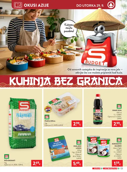 Spar katalog — stranica 19: BUDGET UMAK SOJA, BUDGET RIŽA BASMATI, BUDGET PILEĆA KRILA, BUDGET DIMLJENI LOSOS (vrijedi 23. 09. 2026.–29. 09. 2026.)