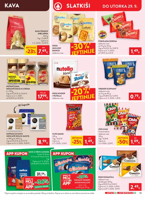 Spar katalog — stranica 20: Chio ČIPS CHIO, Smoki FLIPS SMOKI, Franck KAVA FRANCK JUBILARNA, Mulino Bianco KEKSI MULLINO BIANCO (vrijedi 23. 09. 2026.–29. 09. 2026.)