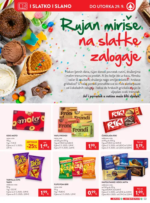 Spar katalog — stranica 21: RIKI ČOKOLADA RIKI, Takis TORTILLA ČIPS TAKIS, JAFFA NAPOLITANKE I KEKS JAFFA, KEKS MOTO (vrijedi 23. 09. 2026.–29. 09. 2026.)