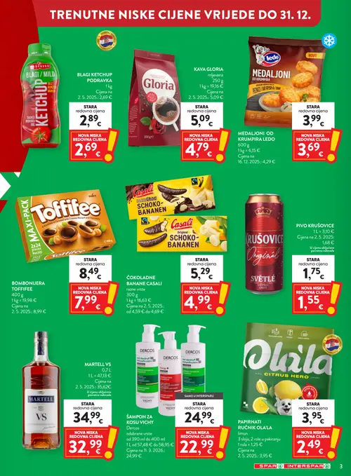 Spar katalog — stranica 3: OLA'LA PAPIRNATI RUČNIK OLA'LA, KRUŠOVICE PIVO KRUŠOVICE, VICHY ŠAMPON ZA KOSU VICHY DERCOS, LEDO MEDALJONI OD KRUMPIRA LEDO (vrijedi 23. 09. 2026.–29. 09. 2026.)