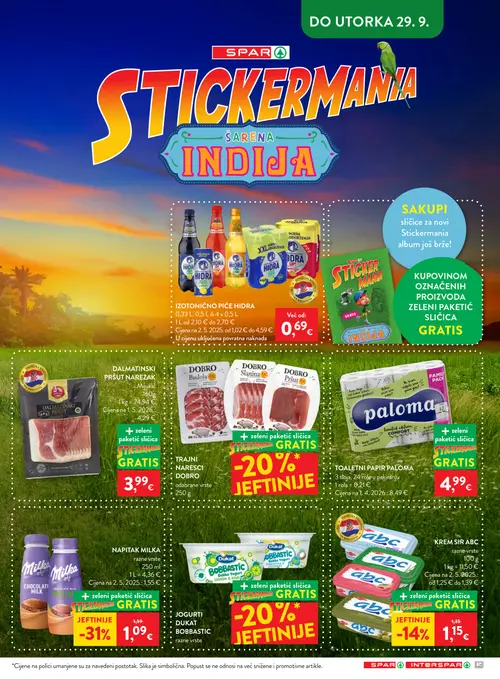 Spar katalog — stranica 5: MILKA NAPITAK MILKA, ABC KREM SIR ABC, HIDRA IZOTONIČNO PIĆE HIDRA, DALMATINSKI PRŠUT NAREZAK (vrijedi 23. 09. 2026.–29. 09. 2026.)