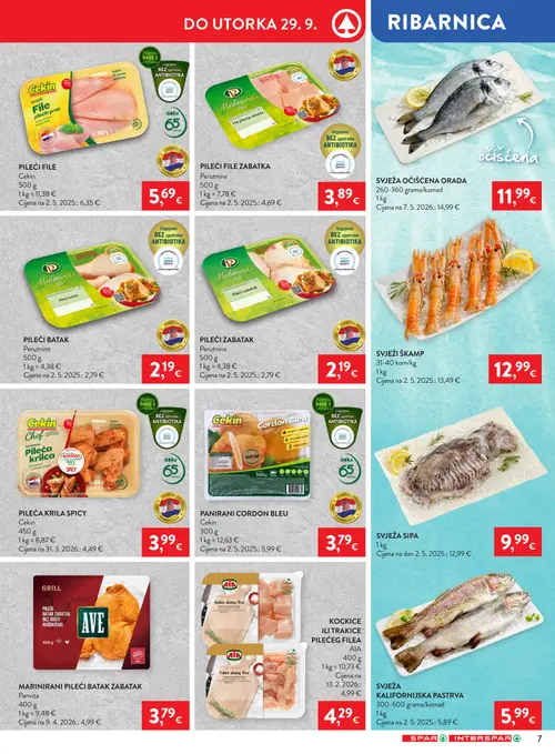 Spar katalog — stranica 7: Cekin Pileći file, Perutnina Pileći file zabatka, Svježa očišćena orada, Perutnina Pileći batak (vrijedi 23. 09. 2026.–29. 09. 2026.)