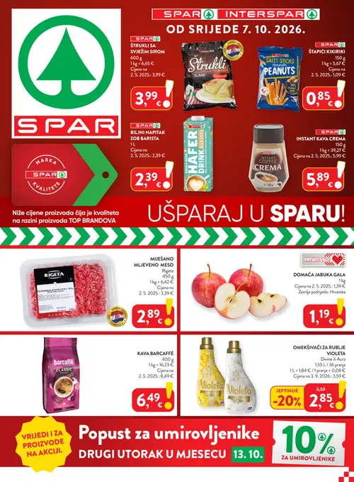 Spar katalog — stranica 1: RIGETA MIJEŠANO MLJEVENO MESO, SPAR INSTANT KAVA CREMA, DOMAĆA JABUKA GALA (vrijedi 07.10.–13.10.2026.)