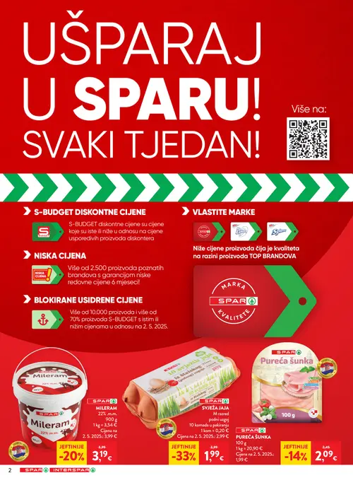 Spar katalog — stranica 2: SPAR SVJEŽA JAJA M razred podni uzgoj, SPAR MILERAM 22% m.m., SPAR Pureća šunka (vrijedi 07.10.–13.10.2026.)