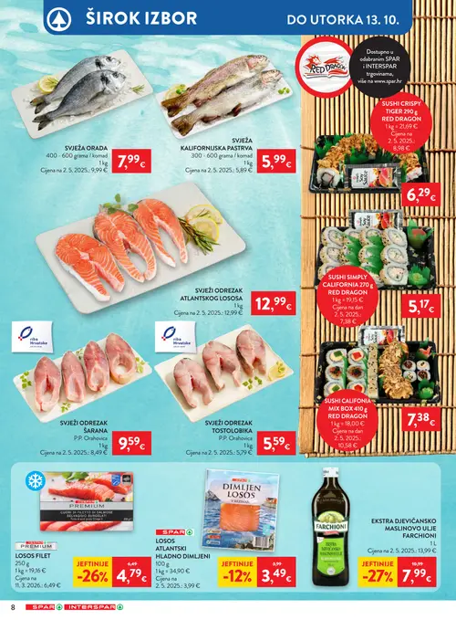 Spar katalog — stranica 7: RED DRAGON SUSHI CALIFORNIA MIX BOX 410 g, RED DRAGON SUSHI SIMPLY CALIFORNIA 270 g, FARCHIONI EKSTRA DJEVIČANSKO MASLINOVO ULJE, DESPAR PREMIUM LOSOS FILET (vrijedi 07.10.–13.10.2026.)