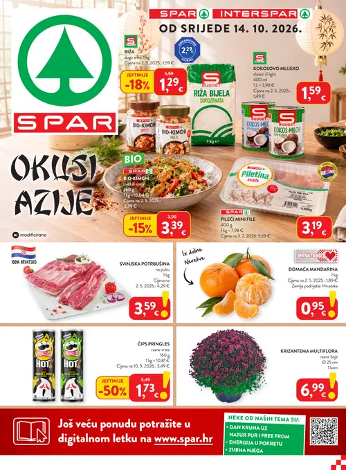 Spar katalog — stranica 1: ČIPS PRINGLES razne vrste, DOMAĆA MANDARINA, SPAR PILEĆI MINI FILE, BUDGET RIŽA BIJELA DUGZRNATA (vrijedi 14.10.–20.10.2026.)