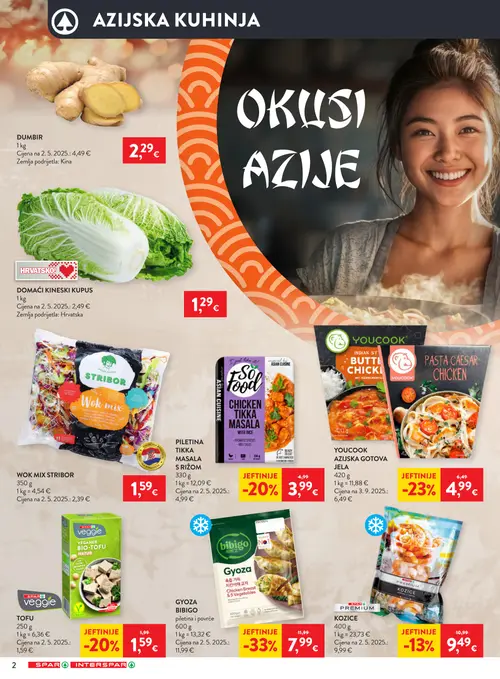 Spar katalog — stranica 2: STRIBOR WOK MIX STRIBOR, bibigo GYOZA BIBIGO, YOUCOOK PASTA CAESAR CHICKEN, SPAR veggie VEGANER BIO-TOFU NATUR (vrijedi 14.10.–20.10.2026.)