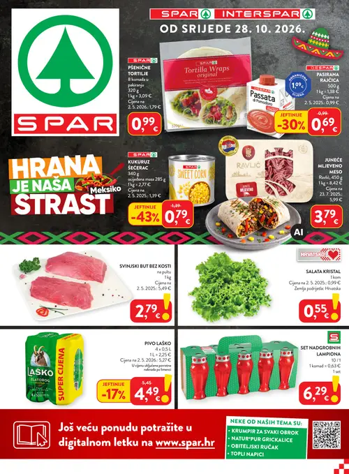 Spar katalog — stranica 1: SVINJSKI BUT BEZ KOSTI, SALATA KRISTAL, SPAR KUKURUZ ŠEĆERAC, RAVLIĆ JUNEĆE MLJEVENO MESO (vrijedi 28.10.–04.11.2026.)