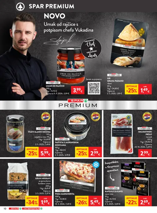 Spar katalog — stranica 12: SPAR PREMIUM KRUH HRSKAVI sa sjemenkama bundeve i sirom, SPAR PREMIUM PIZZA MARGHERITA, SPAR PREMIUM PAŠTETA S JADRANSKIM KOZICAMA, SPAR PREMIUM SIR GRANA PADANO RIBANI (vrijedi 28.10.–04.11.2026.)