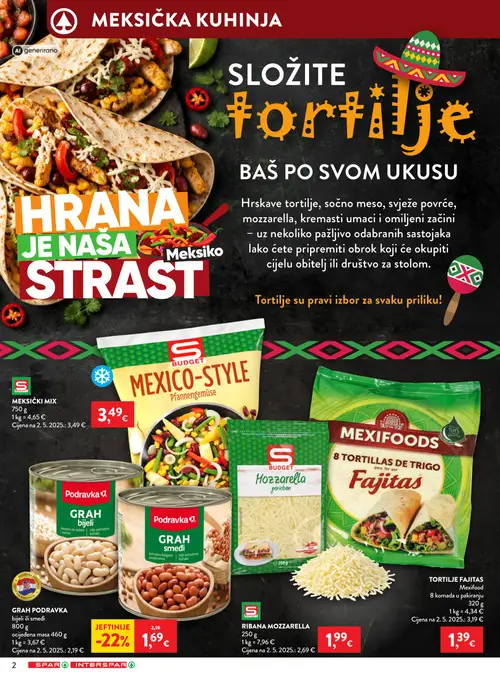 Spar katalog — stranica 2: Podravka GRAH bijeli, S Budget RIBAna MOZZARELLA, Mexifood TORTILJE FAJITAS (vrijedi 28.10.–04.11.2026.)