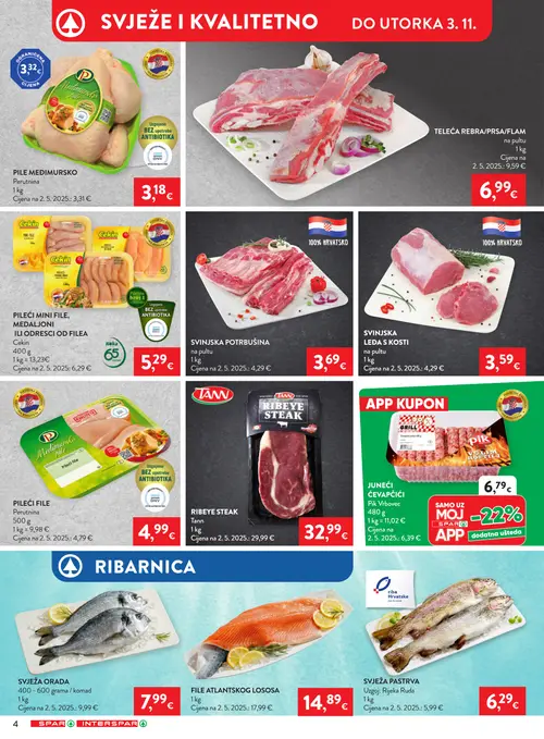 Spar katalog — stranica 5: TELEĆA REBRA/PRSA/FLAM, SVJEŽA ORADA, FILE ATLANTKSKOG LOSOSA, SVINJSKA LEĐA S KOSTI (vrijedi 28.10.–04.11.2026.)