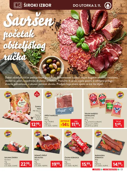 Spar katalog — stranica 8: PIK Vrbovec ŠUNKA FINA, Pivc PRŠUT NAREZZAK, Podravka ČAJNA KOBASICA, Gavrlović SALAMA ZIMSKA (vrijedi 28.10.–04.11.2026.)