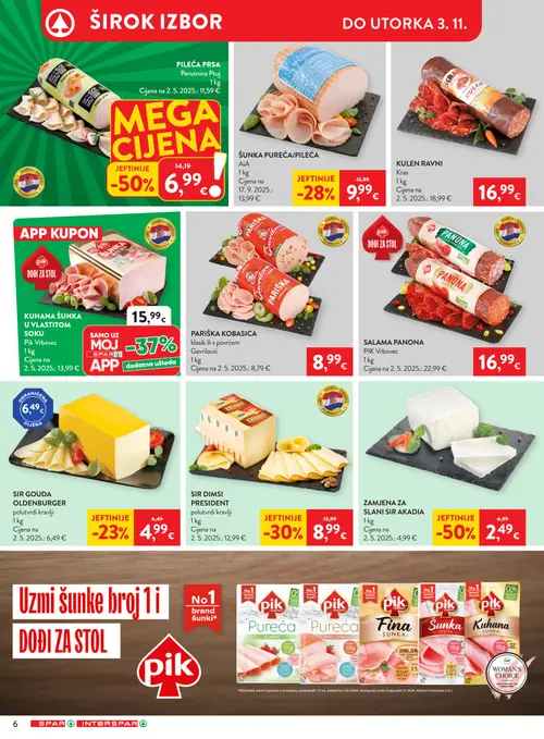 Spar katalog — stranica 9: Perutnina Ptuj Pileća prsa, Zamjena za slani sir akadia, Sir Dimsi President, AiA Šunka pureća/pileća (vrijedi 28.10.–04.11.2026.)