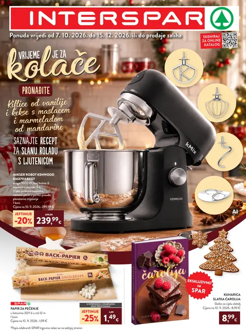 Spar katalog — stranica 1: KENWOOD MIKSER ROBOT KENWOOD KMX751ABKGY, SPAR PAPIR ZA PEČENJE u listovima 30/1 ili u roli 12 m, SPAR KUHARICA SLATKA ČAROLIJA Slatko za cijelu obitelj (vrijedi 07.10.–15.12.2026.)