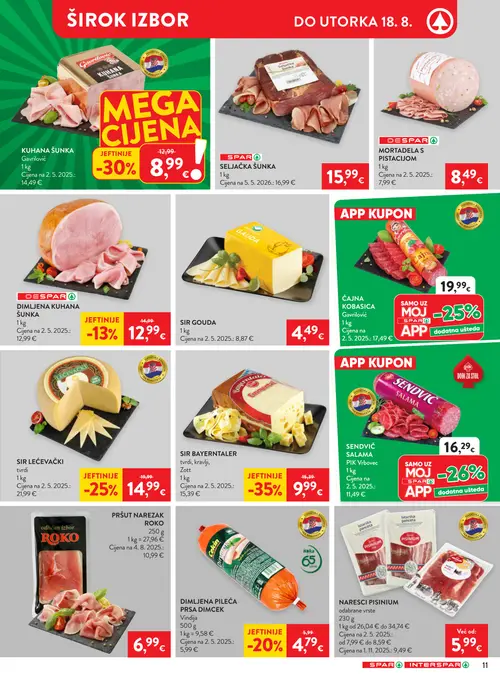 Spar katalog — stranica 12: Zott SIR BAYERNTALER tvrdi, kravlji, Gavrilović KUHANA ŠUNKA Gavrilović, SIR LEĆEVAČKI tvrdi, Vindija DIMLJENA PILEĆA PRSA DIMCEK Vindija (vrijedi 12. 08. 2026.–18. 08. 2026.)