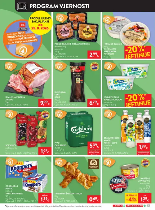 Spar katalog — stranica 20: GAVRILOVIĆ NAREZAK, Knoppers ČOKOLADNI PRUTIĆ VAFEL KNOPPERS, PICKIES PILEĆE DIMLJENE KOBASICE, TWISTER SA ŠPEKOM I SIROM (vrijedi 12. 08. 2026.–18. 08. 2026.)