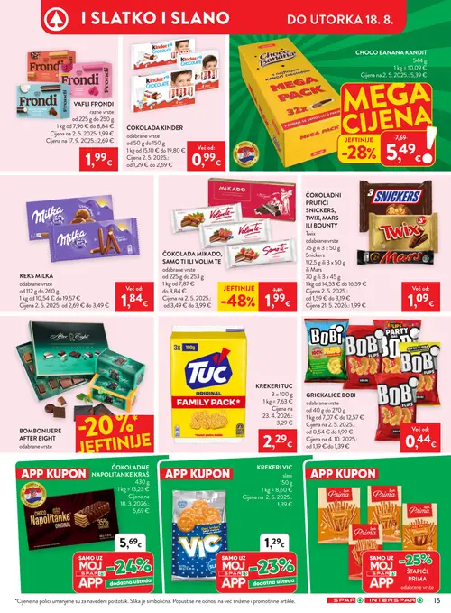 Spar katalog — stranica 23: MIKADO ČOKOLADA MIKADO, SAMO TI ILI VOLIM TE, Milka KEKS MILKA, SNICKERS, TWIX, MARS ČOKOLADNI PRUTIĆI SNICKERS, TWIX, MARS ILI BOUNTY, KANDIT CHOCO BANANA KANDIT (vrijedi 12. 08. 2026.–18. 08. 2026.)