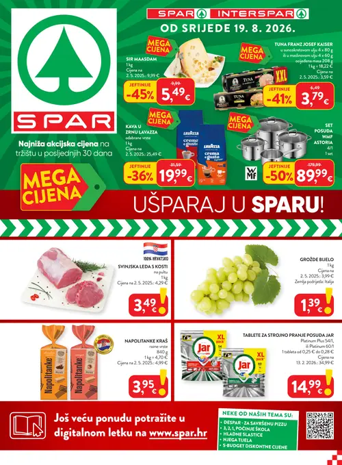 Spar katalog — stranica 1: WMF SET POSUDA, SIR MAASDAM, TUNA TUNA FRANZ JOSEF KAISER u suncokretovom ulju ili u maslinovom ulju, LAVAZZA KAVA U ZRNU LAVAZZA odabrane vrste (vrijedi 19. 08. 2026.–25. 08. 2026.)