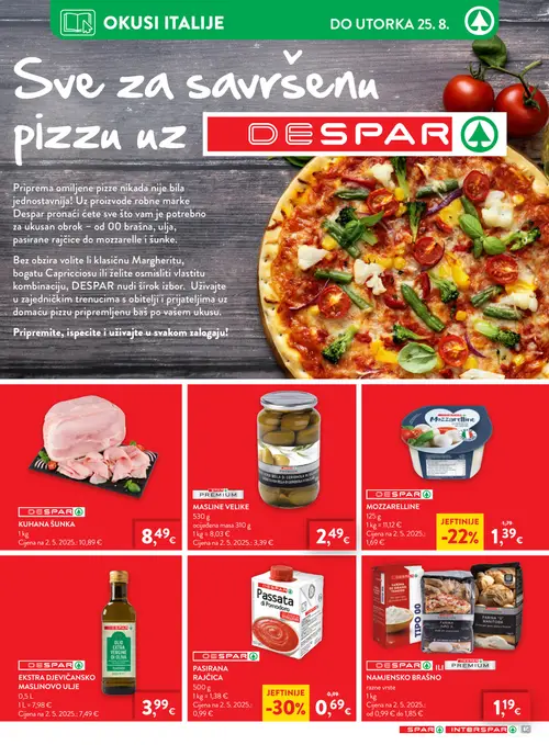 Spar katalog — stranica 16: DESPAR PASIRANA RAJČICA, DESPAR MOZZARELLINE, DESPAR KUHANA ŠUNKA, DESPAR PREMIUM MASLINE VELIKE (vrijedi 19. 08. 2026.–25. 08. 2026.)