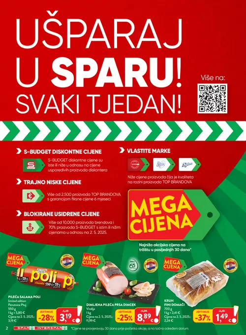 Spar katalog — stranica 2: KRUH FINI DOMAĆI, Perutnina Ptuj PILEĆA SALAMA POLI, Vindija DIMLJENA PILEĆA PRSA DIMCEK (vrijedi 19. 08. 2026.–25. 08. 2026.)