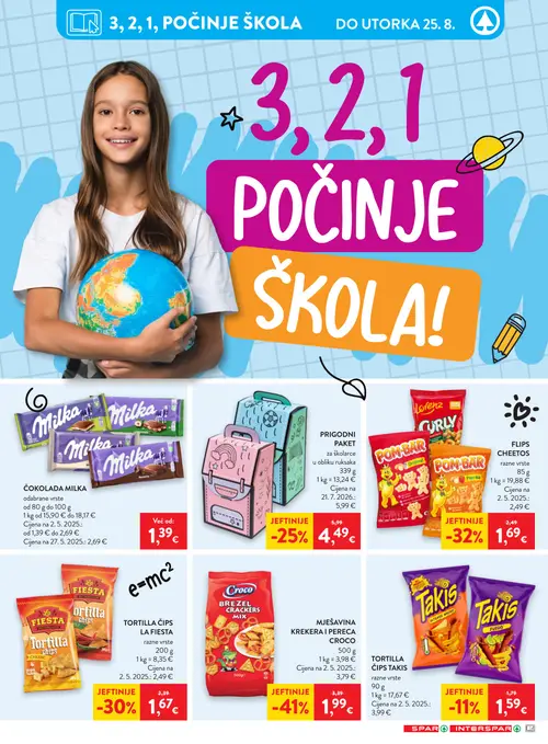 Spar katalog — stranica 21: Milka Čokolada Milka, Croco Mješavina krekeri i pereca, FLIPS CHEETOS Chips, La Fiesta Tortilla čips (vrijedi 19. 08. 2026.–25. 08. 2026.)