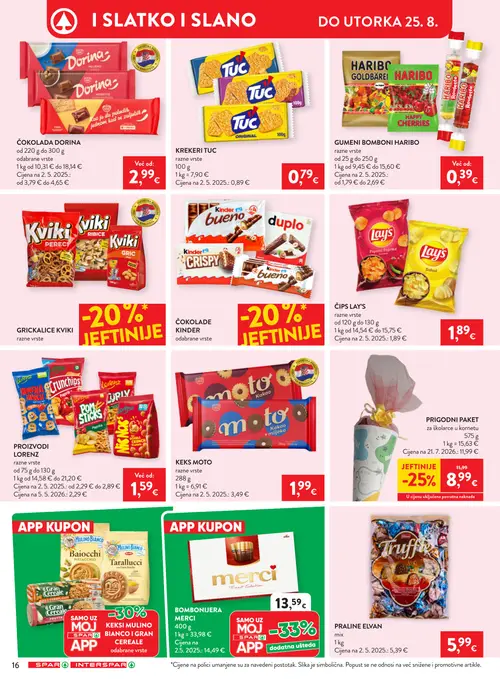 Spar katalog — stranica 22: PRIGODNI PAKET za školarce u kornetu, Dorina ČOKOLADA DORINA odabrane vrste, TUC KREKERI TUC razne vrste, Haribo GUMENI BOMBONI HARIBO razne vrste (vrijedi 19. 08. 2026.–25. 08. 2026.)